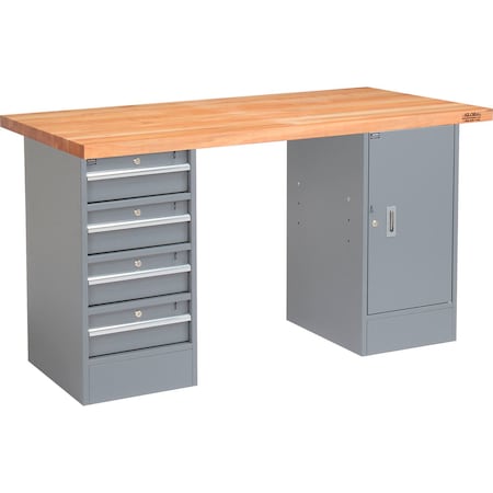 Global Industrial 72 x 30 Pedestal Workbench, 4 Drawers & Cabinet, Maple Square Edge, Gray 607617